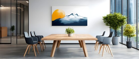 Poster - Elegant and Serene Watercolor Painting of a Minimalistic Conference Room with a Wooden Table and Evenly Spaced Modern Chairs in a Calm and Professional Office Setting