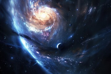 Canvas Print - Colorful spiral galaxy with blue glowing planets and stars