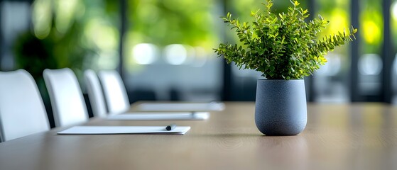 Poster - Peaceful and Minimalist Meeting Room with Natural Wood Furnishings and Lush Greenery A Serene Space for Collaborative Discussions and Productive Teamwork