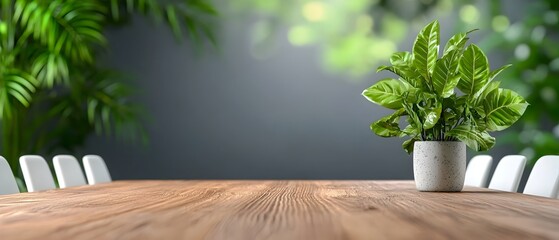 Poster - Tranquil and Nature Inspired Meeting Room Interior with Rows of White Chairs a Large Wooden Table and Lush Green Plants Accenting the Elegant Watercolor Toned Space for Formal Conferences