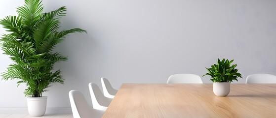 Poster - Tranquil Office Meeting Room with Wood Table and Serene Greenery Accents in Gentle Watercolor Tones  Minimalist and Modern Corporate Workspace Design