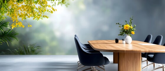 Poster - Contemporary boardroom setup with a long wooden table and a row of plush chairs set in a watercolor inspired soft color palette