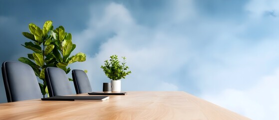 Poster - Serene and Sophisticated Contemporary Boardroom Setting with a Long Wooden Table and Neatly Arranged Plush Chairs in Soft Watercolor Tones Ideal for Professional Meetings Discussions