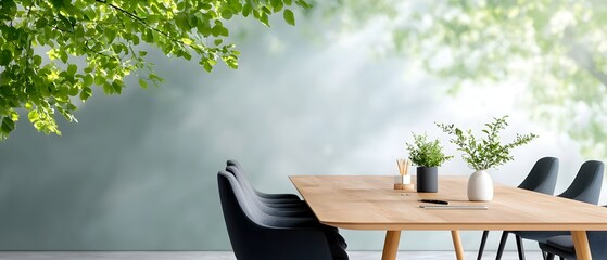 Poster - Elegant and modern boardroom setting with a long wooden table plush chairs and a soft watercolor inspired color palette
