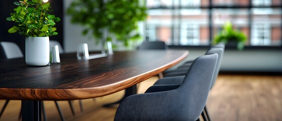 Poster - Top View of Stylish Corporate Meeting Area with Dark Wooden Table and Gray Chairs Lined in Rows in Watercolor Aesthetic Style