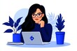 © Sanchai - a 2D cartoon illustration of a businesswoman closing a laptop after a successful meeting satisfied and happy white background