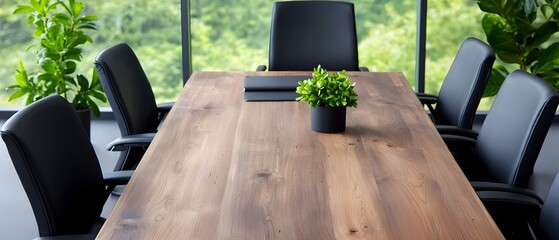 Poster - Elegant and sophisticated boardroom setting with a long rustic wood table black office chairs and minimal yet carefully curated decor elements in a soft watercolor style