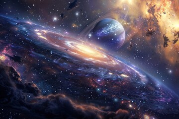 Wall Mural - Breathtaking digital painting of a distant planet within a colorful spiral galaxy.