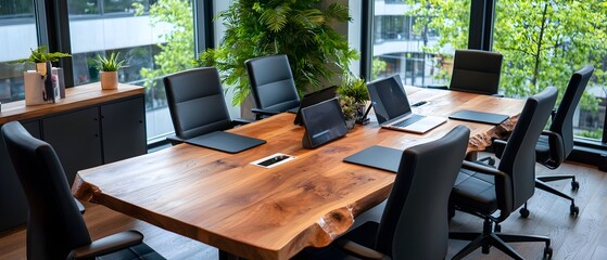 Poster - Elegant and Stylish Boardroom Setting with a Long Rustic Wood Table Black Office Chairs and Minimal Decor in a Soft Watercolor Style