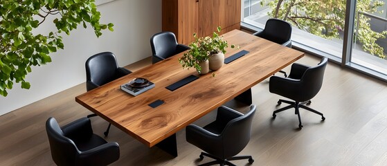 Poster - Elegant and Refined Watercolor Depiction of a Stylish Boardroom with a Long Rustic Wood Table Black Office Chairs and Minimal Decor Creating a Serene and Sophisticated Workspace Environment