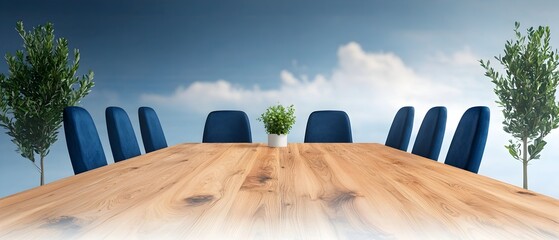 Poster - Elegant and Harmonious Professional Workspace with Symmetrically Arranged Wooden Conference Table and Chairs in a Serene Watercolor Inspired Interior Design