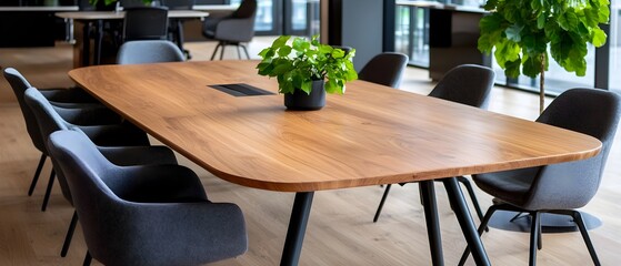 Poster - High Angle View of Elegant Wooden Meeting Room with Rectangular Table Gray Chairs Aligned on Both Sides and a Watercolor Effect Adding a Touch to the Professional Corporate Setting