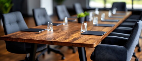 Poster - High angle view of a modern minimalist meeting room interior featuring a rectangular wooden table and gray chairs arranged in a line on both sides