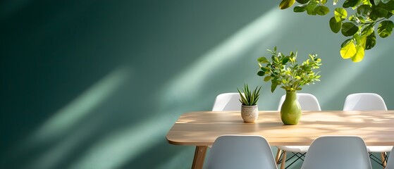 Poster - Overhead perspective of a modern minimalist office meeting room featuring a light wood table rows of white chairs and subtle green accents with a watercolor inspired color scheme and aesthetic