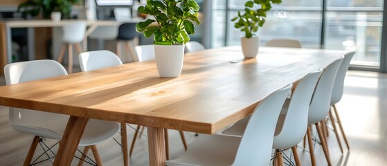 Poster - Top Down View of a Sleek and Modern Watercolor Themed Office Meeting Room with a Light Wood Table and Rows of White Chairs Featuring Green Accent Details for a Fresh and Collaborative Workspace