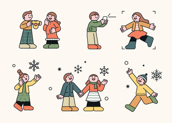Poster - couples having a happy date on a snowy christmas. outline simple vector illustration.