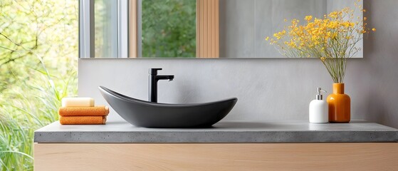 Aufkleber - Minimalist and Serene Bathroom Design with Concrete Countertop Black Fixtures and Warm Toned Watercolor Accents for a Calming and Elegant Atmosphere