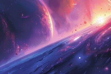 Wall Mural - Breathtaking digital painting of a vibrant alien landscape with a distant sun and a starry sky.