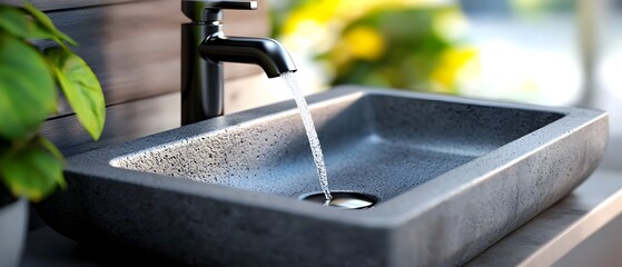Poster - Minimalist and modern concrete basin sink design with black metal fixtures in an open bathroom space rendered in a watercolor style