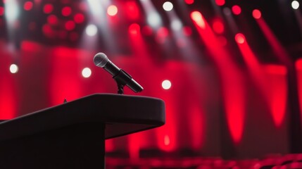 Microphone on Podium in Red Stage Lighting