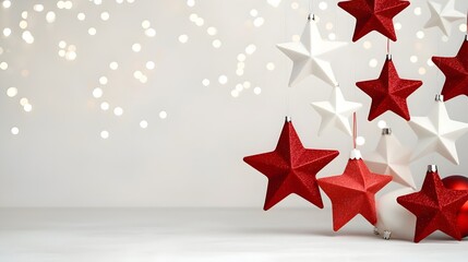 Aufkleber - Elegant Floating White and Red Stars with a Soft Blurred Backdrop and Warm Bokeh Lights Creating a Festive and Magical Atmosphere Perfect for Seasonal and Holiday
