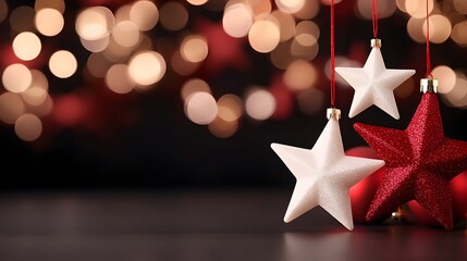 Aufkleber - Enchanting floating red and white stars with a cozy blurred background of glowing bokeh lights creating a festive holiday spirit in soft dreamy tones