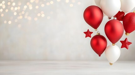 Poster - Floating red and white stars create a magical and ethereal atmosphere with a cozy blurred background and glowing bokeh lights evoking a festive holiday spirit in soft dreamlike tones