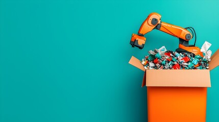 Poster - Detailed of robotic arms efficiently sorting various recyclable materials including metal plastic glass and paper at a advanced automated waste processing plant