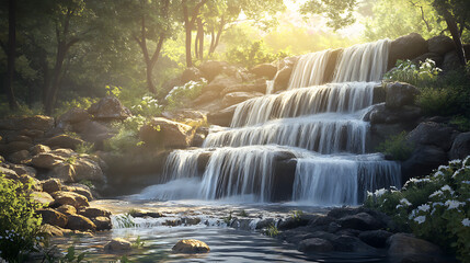 A scenic landscape featuring a tiered waterfall flowing through rocky terrain, with summer sunlight illuminating the cascading water 