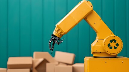 Poster - Futuristic recycling center with gleaming steel beams robotic arms and eco friendly green tones showcasing innovative renewable energy technology and efficient waste management processes