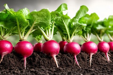 a 2d cartoon illustration of a patch of radishes growing in rows fresh and vibrant white background