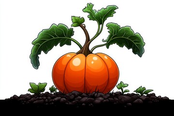 a 2d cartoon illustration of a plump pumpkin growing in a patch autumn vibes white background