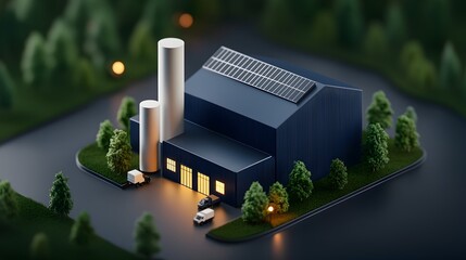 Poster - Minimalist and high tech recycling facility illuminated by natural solar light featuring eco friendly design accents in a serene watercolor blue and green color palette