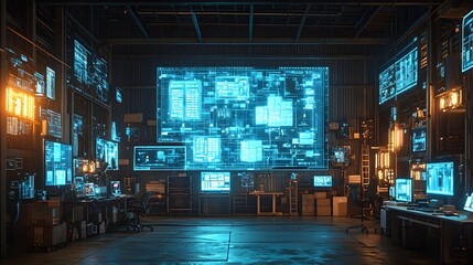 Futuristic warehouse interior illuminated by augmented reality displays with packages highlighted for easy identification and a technologically advanced logistic system with a blue neon glow