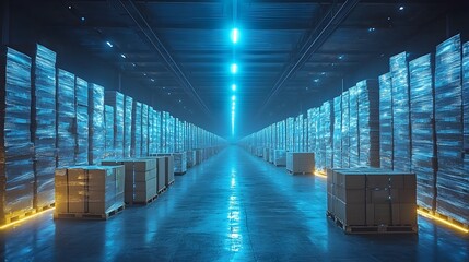 Aufkleber - Futuristic warehouse interior featuring augmented reality displays that highlight packages for easy identification showcasing a smart