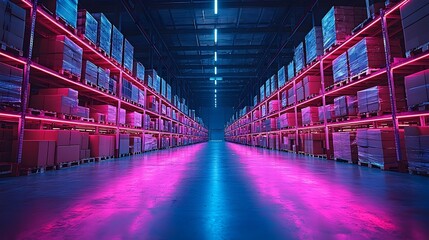 Aufkleber - Futuristic augmented reality enabled warehouse interior featuring highlighted packages for easy identification and optimization of the logistic system  Blue neon glow creates a modern