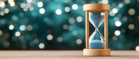 Aufkleber - Mesmerizing hourglass pouring shimmering blue sand with a soft luminous glow and dreamy white bokeh creating a serene contemplative atmosphere around the concept of time