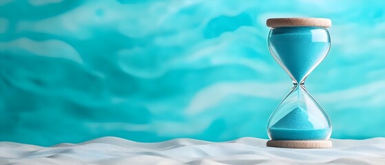 Poster - Tranquil hourglass filled with rich blue sand soft fair light reflecting on the sand with delicate blue and white bokeh adding an elegant ethereal touch to the serene captivating scene