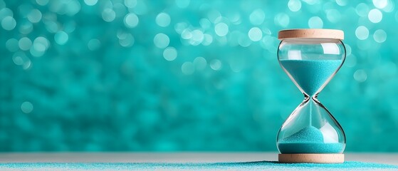 Aufkleber - Ethereal hourglass resting on smooth blue sand with gentle flowing grains and soft dreamy blue and white bokeh background  Minimal serene and elegant digital art landscape