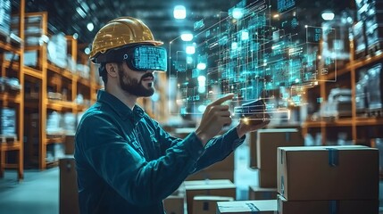Aufkleber - Futuristic smart warehouse workers using augmented reality glasses and holographic package information floating around showcasing an advanced supply chain concept in glowing blue tones