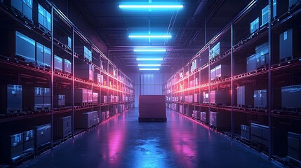 Aufkleber - Futuristic warehouse interior illuminated by augmented reality displays highlighting packages for easy identification and a cutting edge logistics system with a blue neon glow