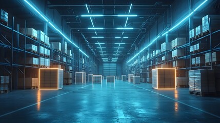 Poster - Futuristic warehouse interior illuminated by augmented reality displays packages highlighted for easy identification and tracking showcasing an advanced logistic system with a blue neon glow