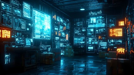 Aufkleber - Futuristic warehouse interior with augmented reality displays illuminating packages for easy identification and a smart efficient logistic system with a blue neon glow