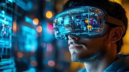 Leinwandbilder - Futuristic warehouse scene with workers utilizing augmented reality devices to guide package movement and logistics  Illuminated with blue hues
