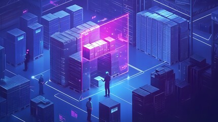 Aufkleber - Futuristic warehouse scene with workers using augmented reality devices for package guidance and streamlined logistics Illuminated in blue hues with holographic package tracking and inventory