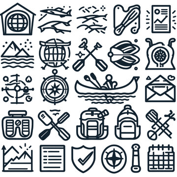 Canoeing elements thin outline icon set