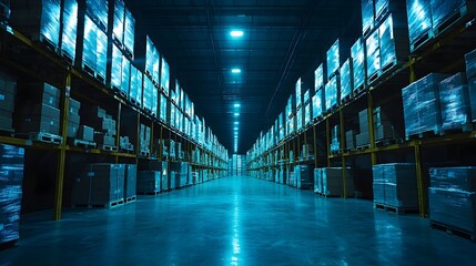 Aufkleber - Digitalized warehouse environment featuring AR powered package sorting process glowing blue lights guiding the way and innovative technologies enabling an efficient