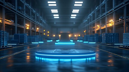 Aufkleber - Digitalized warehouse environment showcasing advanced AR powered package sorting smart material flow and glowing blue lights guiding the efficient supply chain and logistic innovation