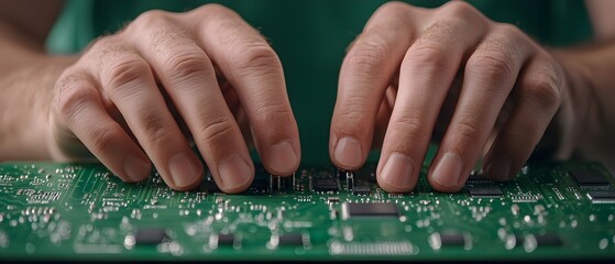 Poster - Close up shot of human hands using precise instruments to carefully adjust and manipulate the intricate components of a complex circuit board with metallic and green tones adding a high tech