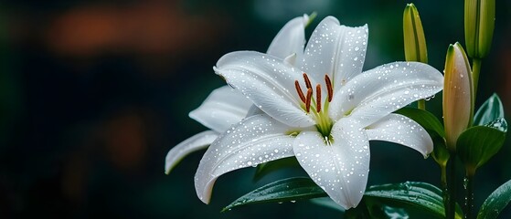 Aufkleber - Elegant white lilies in full bloom water droplets glistening on delicate petals close up with a softly blurred natural background creating a serene tranquil and scene